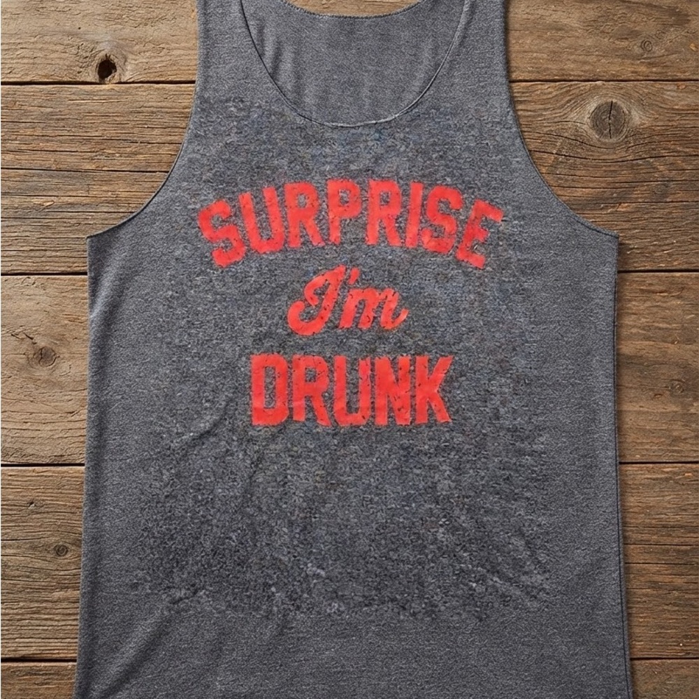 Gray Racerback Tank Top XL with Red 'Surprise I'm Drunk' Graphic